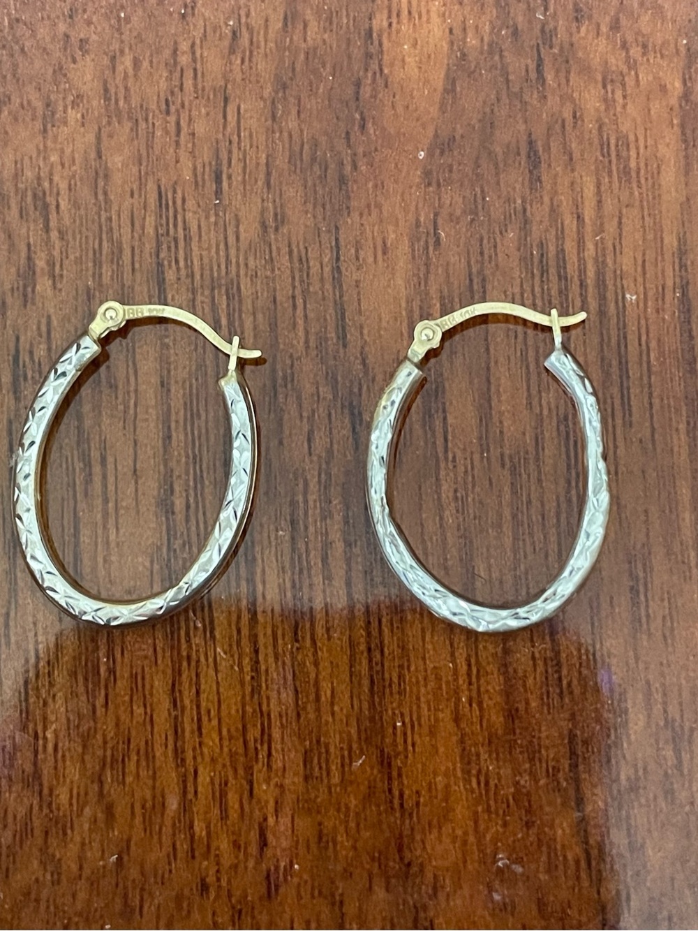 Textured Two-Tone 10k White Gold Oval Hoop Earrings